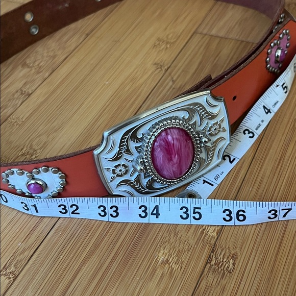 Retro Jeri Hart Design Pink Orange Leather Studded Jeweled Heart Western Belt - Picture 12 of 15